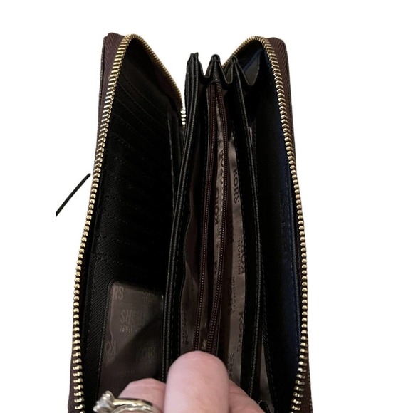 Michael Kors Brown Black Leather MK Print Full Zip Wallet Wristlet Card Holder - Picture 6 of 9